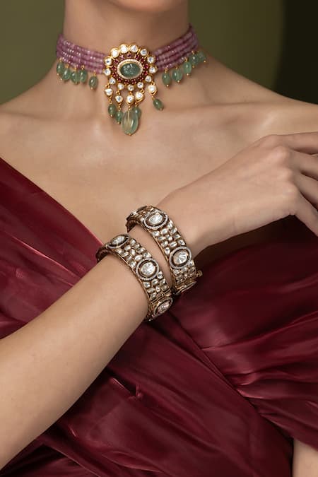 Joules by Radhika Traditional Uncut Stone Embellished Bangle - Set of 2 