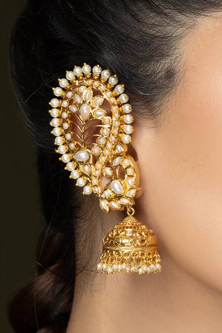 Joules by Radhika Gold Plated Pearls, Zari, Stones Peacock Shaped Cuff Earrings - Set Of 2 Online at Aza Fashions Joules by Radhika_Gold Plated Pearls, Zari, Stones Peacock Shaped Cuff Earrings - Set Of 2 _Online_at_Aza_Fashions