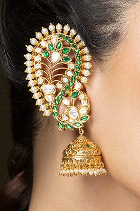 Joules by Radhika Green Pearls, Stones Embellished Ear Cuff Jhumkas - Set Of 2 Online at Aza Fashions Joules by Radhika_Green Pearls, Stones Embellished Ear Cuff Jhumkas - Set Of 2 _Online_at_Aza_Fashions