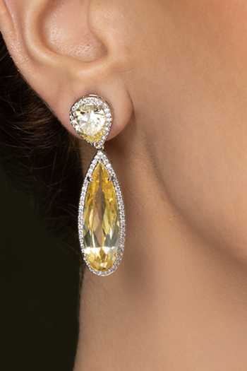 Joules by Radhika_Yellow Crystals Embellished Danglers _Online_at_Aza_Fashions