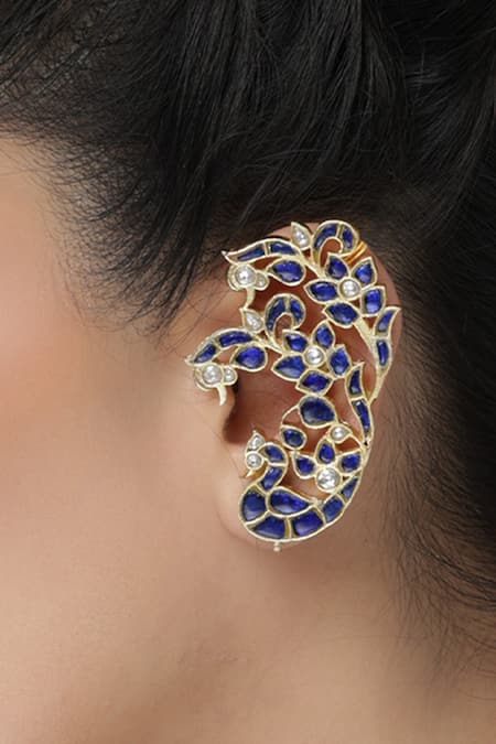 Joules by Radhika Blue Stones, Crystals Indigo Bloom Hoop Ear Cuffs - Set Of 2 Online at Aza Fashions Joules by Radhika_Blue Stones, Crystals Indigo Bloom Hoop Ear Cuffs - Set Of 2 _Online_at_Aza_Fashions