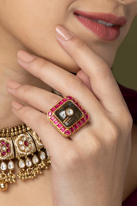 Joules by Radhika Red Border Square Gray Ring 