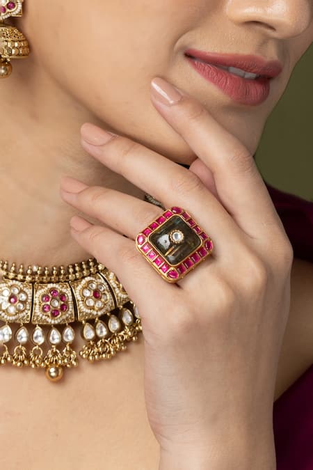 Joules by Radhika Red Border Square Gray Ring 