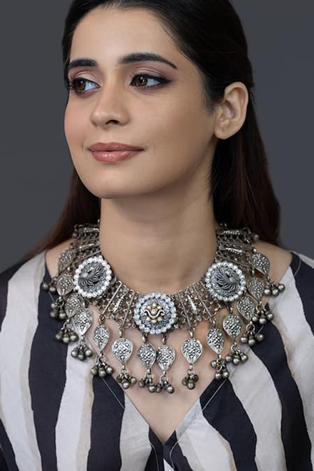 Joules by Radhika Oxidized Silver Filigree Necklace 