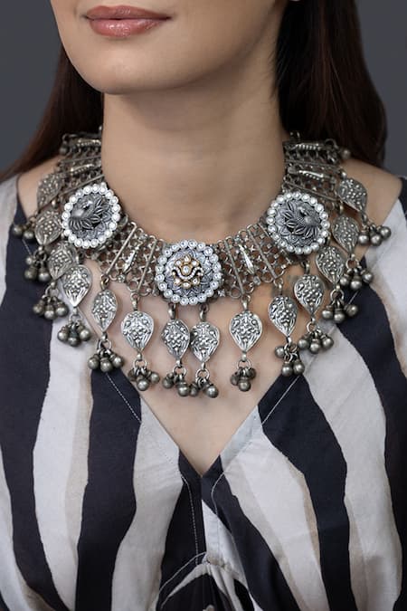 Joules by Radhika Oxidized Silver Filigree Necklace 