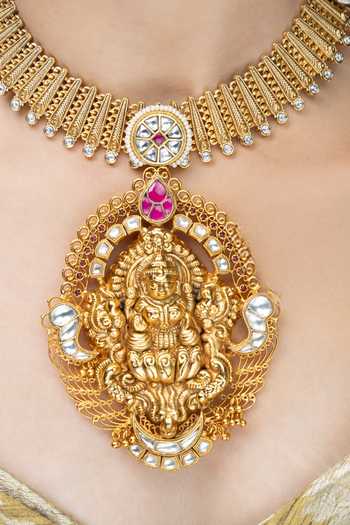 Joules by Radhika_Gold Plated Stones Ganesha Temple Pendant Necklace _Online_at_Aza_Fashions