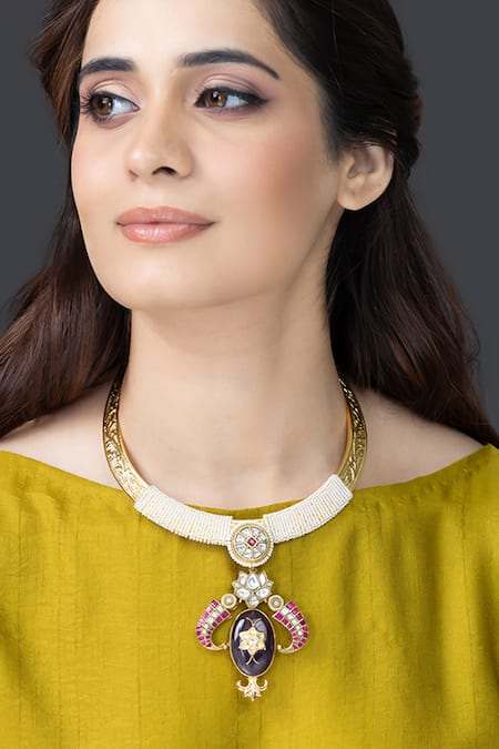 Joules by Radhika Regal Gold Collar Amethyst Embellished Necklace 