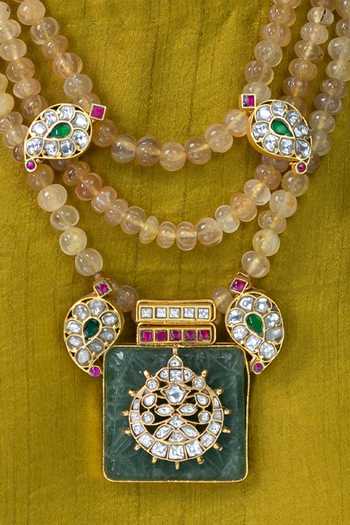 Joules by Radhika_Gold Plated Beads, Stones Emerald Geometric Medallion Necklace _Online_at_Aza_Fashions
