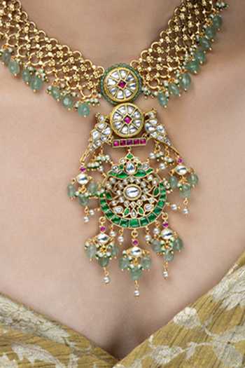Joules by Radhika_Gold Plated Beads, Pearls, Stones, Manika Cutwork Embellished Pendant Necklace _Online_at_Aza_Fashions