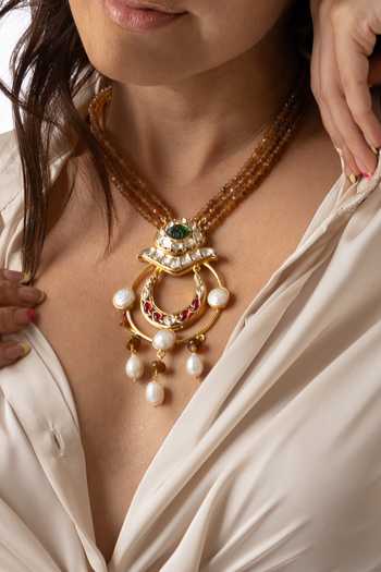 Joules by Radhika_Multi Color Beads, Pearls, Stones Ornate Crescent Embellished Pendant Necklace_Online_at_Aza_Fashions