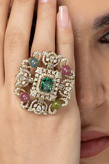 Joules by Radhika_Emerald Green Beads, Stones, Crystals, Gemstones, Diamonds Statement Ring _Online_at_Aza_Fashions
