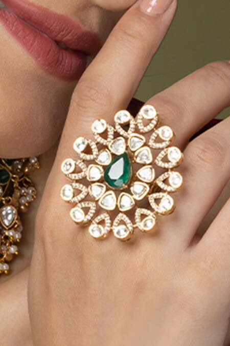 Joules by Radhika_Gold Plated Diamonds, Gemstones Polki Embellished Statement Ring _Online_at_Aza_Fashions