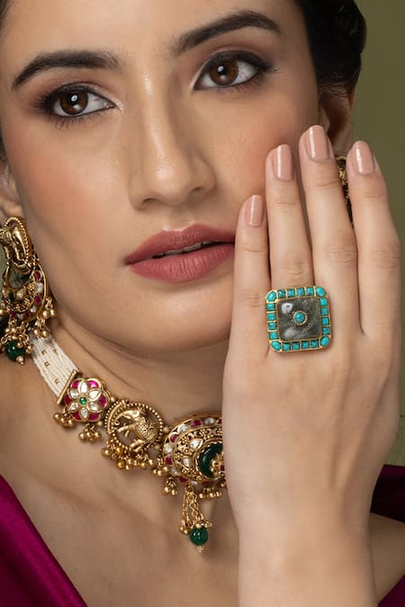 Joules by Radhika Blue Border Square Gray Ring 