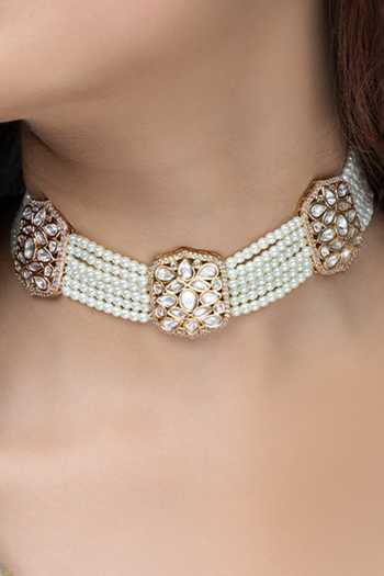 Joules by Radhika_White Beads, Pearls, Stones Embellished Layered Choker _Online_at_Aza_Fashions