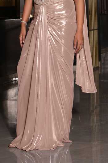 Nikunj By NIIDHI BAJAJ_Rose Gold Jersey Embroidery, Sequins, Beads, Sana Draped Skirt And Corset Set _Online_at_Aza_Fashions