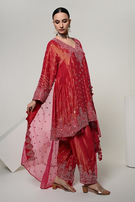 OHH CROW_Coral Silk, Tissue, Organza Mirrors, Sequins V-neck, Yes Work Kurta Set _Online_at_Aza_Fashions