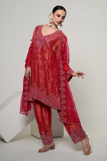 Buy_OHH CROW_Coral Silk, Tissue, Organza Mirrors, Sequins V-neck, Yes Work Kurta Set _Online_at_Aza_Fashions