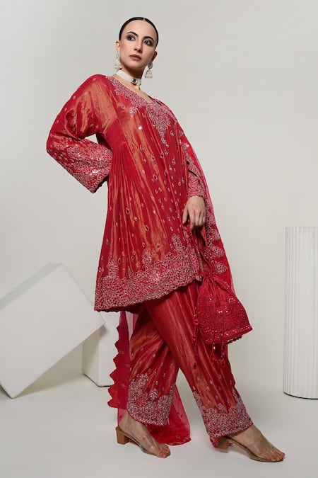 Shop_OHH CROW_Coral Silk, Tissue, Organza Mirrors, Sequins V-neck, Yes Work Kurta Set _Online_at_Aza_Fashions