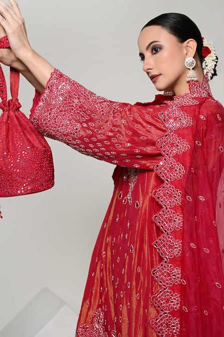 OHH CROW_Coral Silk, Tissue, Organza Mirrors, Sequins V-neck, Yes Work Kurta Set _at_Aza_Fashions