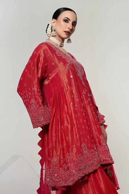 Shop_OHH CROW_Coral Silk, Tissue, Organza Mirrors, Sequins V-neck, Yes Work Kurta Set 