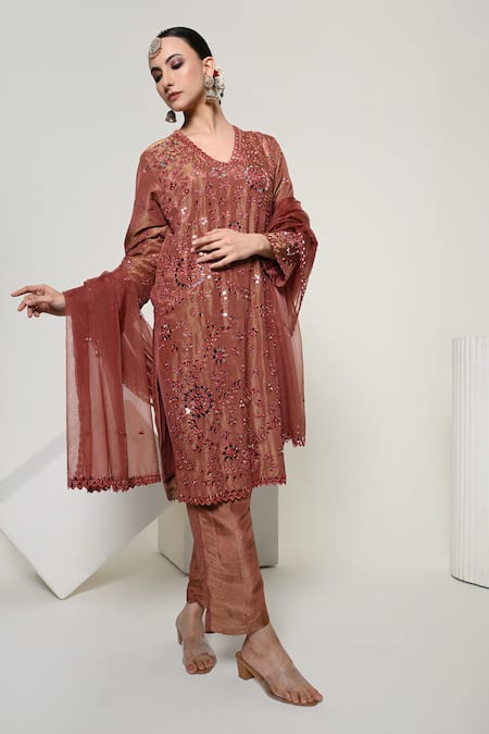 OHH CROW_Brown Silk, Tissue, Organza Mirrors V-neck Work Kurta Set _Online_at_Aza_Fashions