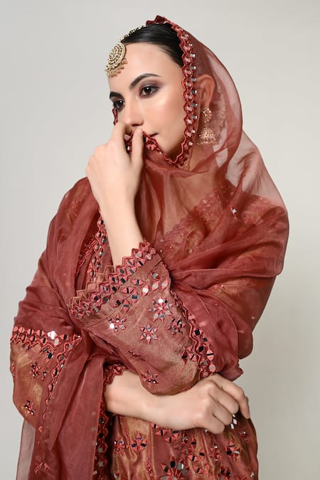 Shop_OHH CROW_Brown Silk, Tissue, Organza Mirrors V-neck Work Kurta Set _Online_at_Aza_Fashions