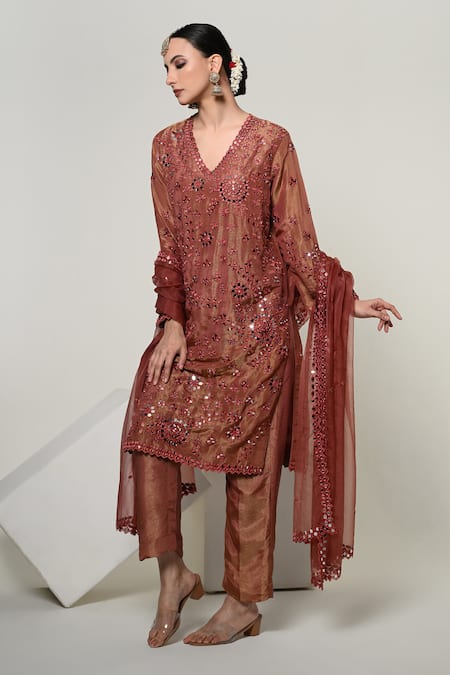 Buy_OHH CROW_Brown Silk, Tissue, Organza Mirrors V-neck Work Kurta Set 