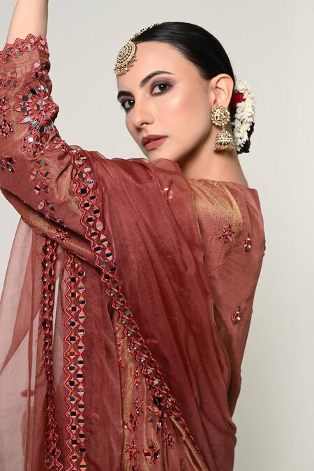 Shop_OHH CROW_Brown Silk, Tissue, Organza Mirrors V-neck Work Kurta Set 