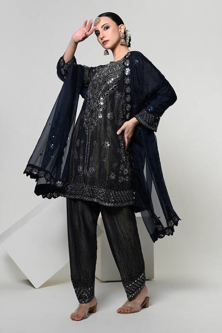OHH CROW Blue Silk, Tissue, Organza Embroidery, Mirrors Round Work Straight Kurta Set Online at Aza Fashions OHH CROW_Blue Silk, Tissue, Organza Embroidery, Mirrors Round Work Straight Kurta Set _Online_at_Aza_Fashions