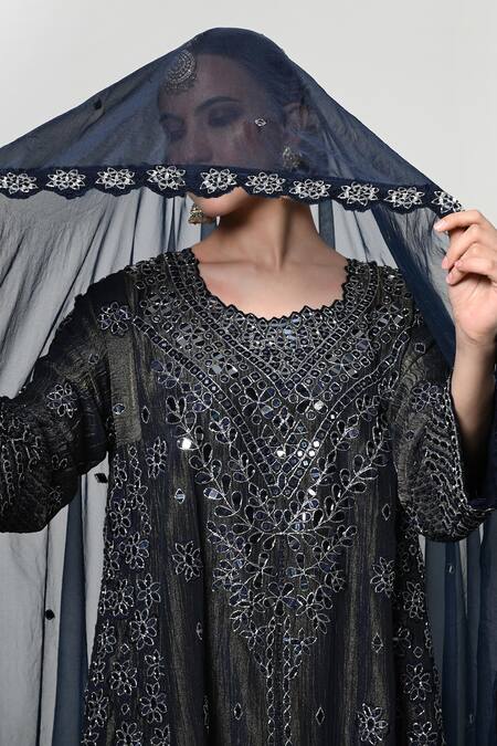 Shop OHH CROW Blue Silk, Tissue, Organza Embroidery, Mirrors Round Work Straight Kurta Set Shop_OHH CROW_Blue Silk, Tissue, Organza Embroidery, Mirrors Round Work Straight Kurta Set