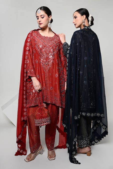 OHH CROW_Red Silk, Tissue, Organza Mirrors Round Neck, Yes Embroidered Kurta Set _Online_at_Aza_Fashions