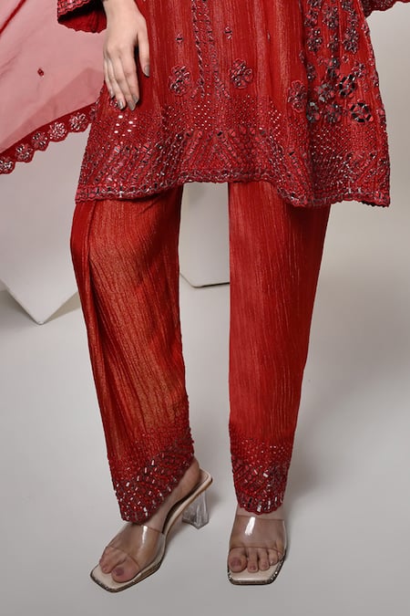Buy_OHH CROW_Red Silk, Tissue, Organza Mirrors Round Neck, Yes Embroidered Kurta Set _Online_at_Aza_Fashions