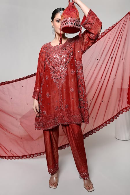 Shop_OHH CROW_Red Silk, Tissue, Organza Mirrors Round Neck, Yes Embroidered Kurta Set _Online_at_Aza_Fashions