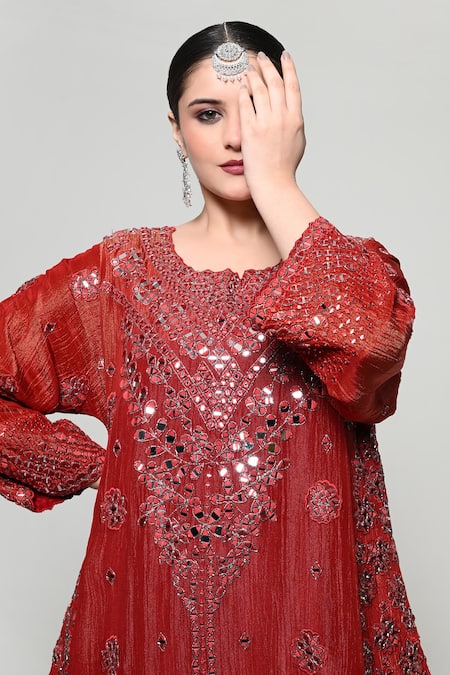 OHH CROW_Red Silk, Tissue, Organza Mirrors Round Neck, Yes Embroidered Kurta Set _at_Aza_Fashions