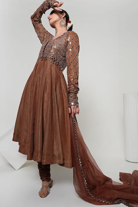 Buy OHH CROW Brown Silk, Tissue, Organza, Chanderi Mirrors, Embroidery Work Anarkali Set Online at Aza Fashions Buy_OHH CROW_Brown Silk, Tissue, Organza, Chanderi Mirrors, Embroidery Work Anarkali Set _Online_at_Aza_Fashions