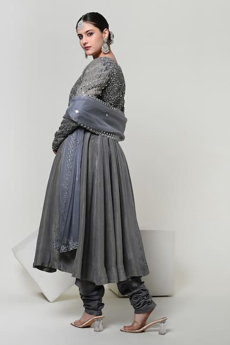 OHH CROW_Grey Silk, Tissue, Organza, Chanderi Mirrors Embroidered Jacket And Anarkali Set _Online_at_Aza_Fashions