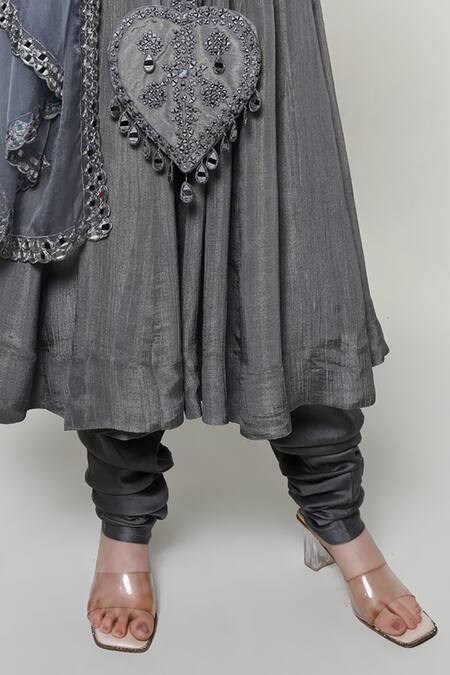 Buy_OHH CROW_Grey Silk, Tissue, Organza, Chanderi Mirrors Embroidered Jacket And Anarkali Set _Online_at_Aza_Fashions