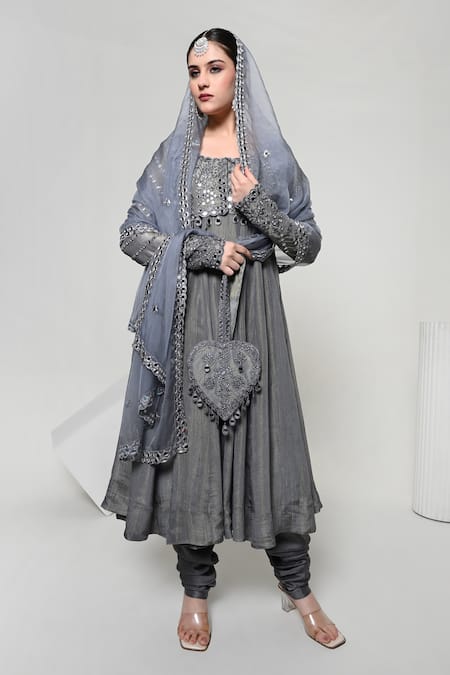 Shop_OHH CROW_Grey Silk, Tissue, Organza, Chanderi Mirrors Embroidered Jacket And Anarkali Set _Online_at_Aza_Fashions