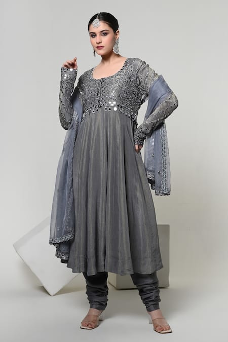 OHH CROW Silk Tissue Embroidered Jacket & Anarkali Set 