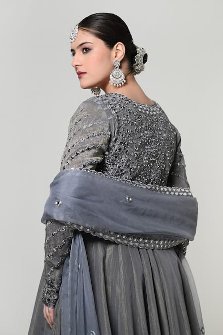 OHH CROW_Grey Silk, Tissue, Organza, Chanderi Mirrors Embroidered Jacket And Anarkali Set _at_Aza_Fashions