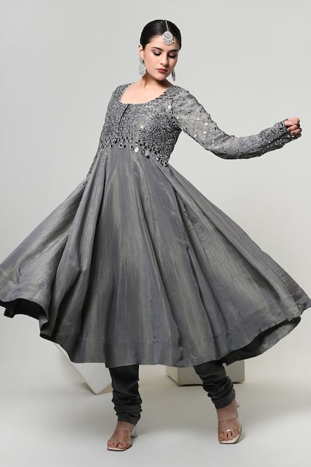 Buy_OHH CROW_Grey Silk, Tissue, Organza, Chanderi Mirrors Embroidered Jacket And Anarkali Set 