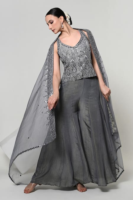 OHH CROW_Grey Silk, Tissue, Organza Embroidery, Sequins, Mirrors Corset Sharara Set _Online_at_Aza_Fashions