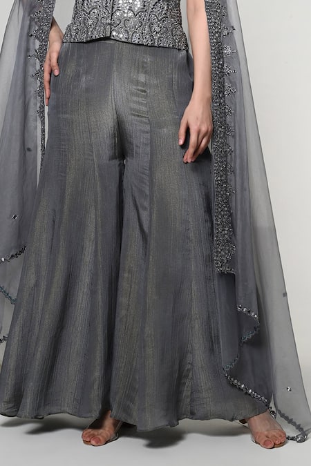 Buy_OHH CROW_Grey Silk, Tissue, Organza Embroidery, Sequins, Mirrors Corset Sharara Set _Online_at_Aza_Fashions