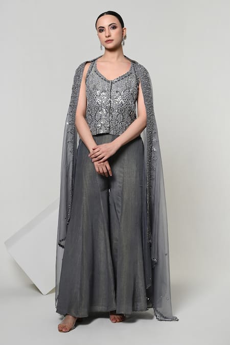 Shop_OHH CROW_Grey Silk, Tissue, Organza Embroidery, Sequins, Mirrors Corset Sharara Set _Online_at_Aza_Fashions
