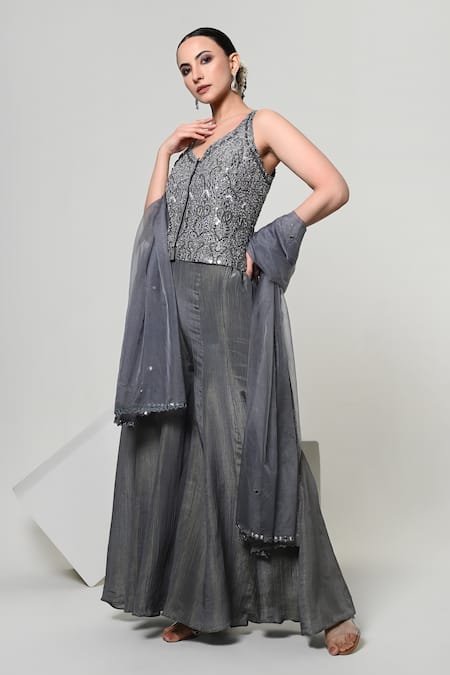 OHH CROW_Grey Silk, Tissue, Organza Embroidery, Sequins, Mirrors Corset Sharara Set _at_Aza_Fashions