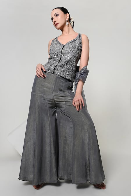 Buy_OHH CROW_Grey Silk, Tissue, Organza Embroidery, Sequins, Mirrors Corset Sharara Set 