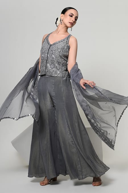 Shop_OHH CROW_Grey Silk, Tissue, Organza Embroidery, Sequins, Mirrors Corset Sharara Set 
