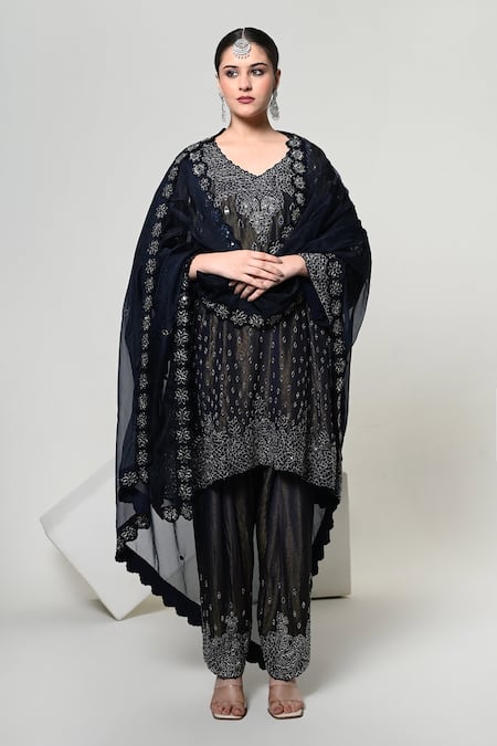 Buy_OHH CROW_Blue Silk, Tissue, Organza Embroidery, Sequins, Mirrors V-neck, No Kurta Set _Online_at_Aza_Fashions