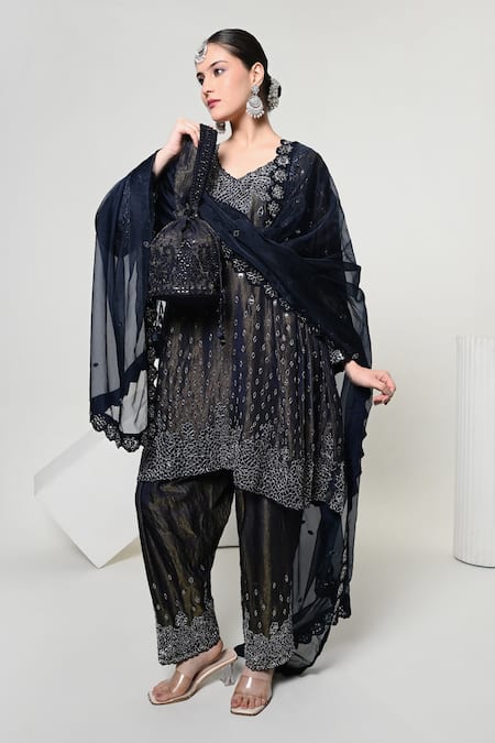 OHH CROW_Blue Silk, Tissue, Organza Embroidery, Sequins, Mirrors V-neck, No Kurta Set _at_Aza_Fashions