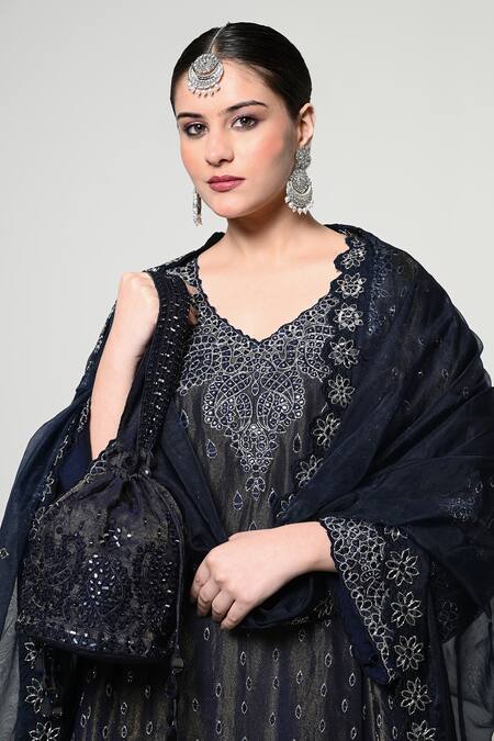 Buy_OHH CROW_Blue Silk, Tissue, Organza Embroidery, Sequins, Mirrors V-neck, No Kurta Set 